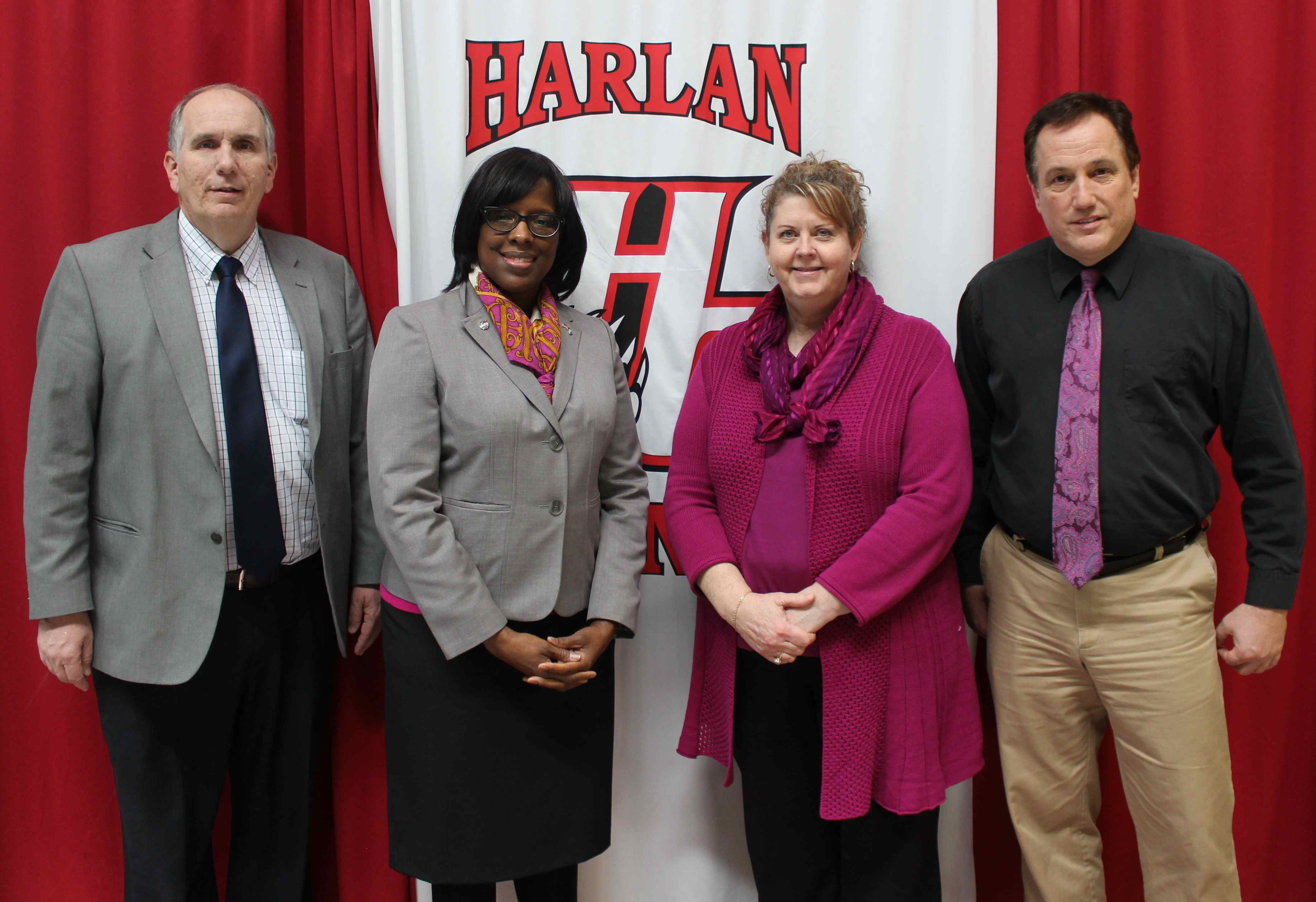 Lt. Gov. Jenean Hampton (second from left) met with Harlan County school officials before talking with students at Harlan County High School. She is pictured with Harlan County Schools Superintendent Mike Howard, Harlan County High School Principal Edna Burkhart and Harlan County High School assistant principal Mark Bailey.