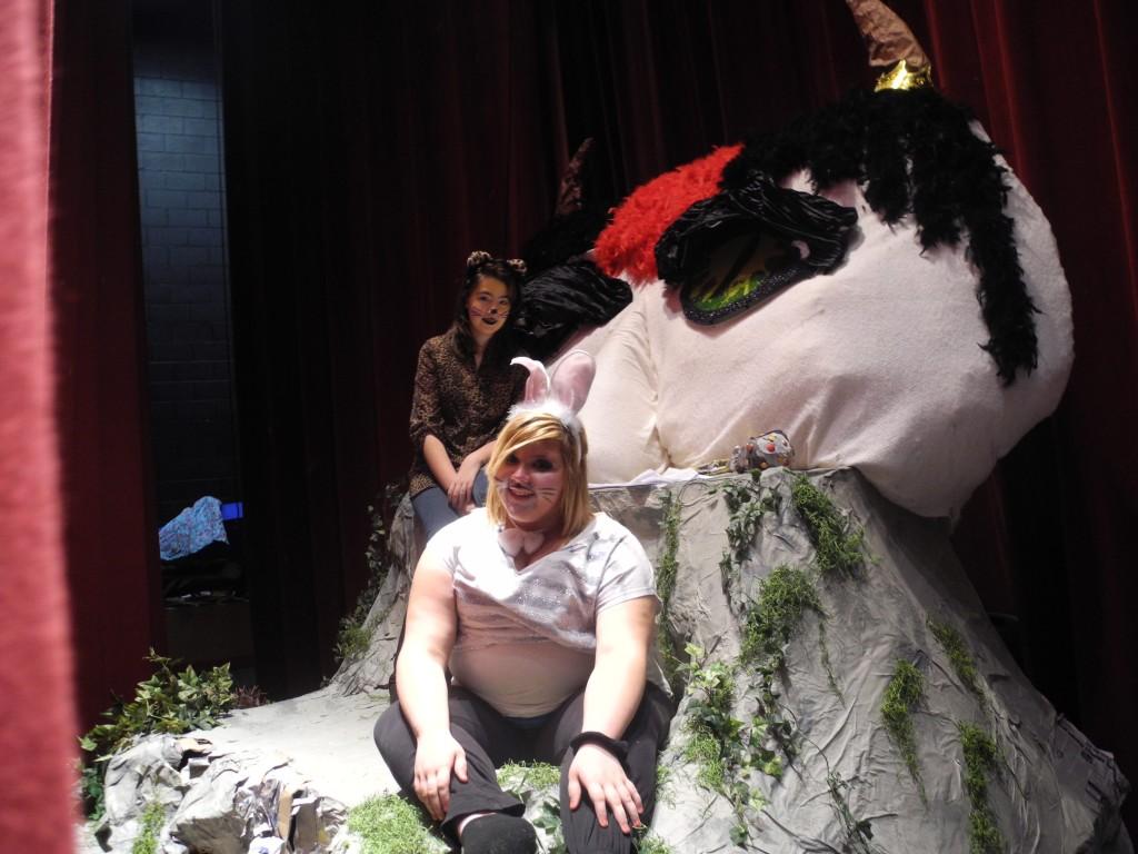 Kimberly Cox (back) and Caitlin Sowards are pictured with Gruff, a character in the play Where the Wild Things Are, during a performance Thursday at Harlan County High School. Drama students at HCHS performed the play for Harlan County High School and local elementary school students at the HCHS Auditorium.
