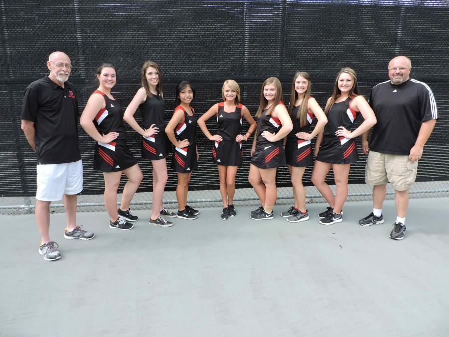 The Harlan County HIgh School girls tennis team includes, from left, assistant coach Michael Flynn, Allison Cook, Makayla Whitaker, Brianna Roque, Madison Bailey, Grayson Raleigh, Hannah Gaw, Emily Eldridge and coach Wes Bailey; not pictured: Dacey Bailey and Brittany Goins.