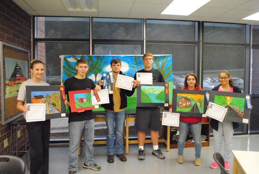 Winners from Harlan County High School during the 52nd annual Kingdom Come Swappin’ Meetin’ art competition included, from left: Addia Watts, John Hansel, Caleb Carmical, Robbie Blevins, Cydney Perkins and Lori Barton.