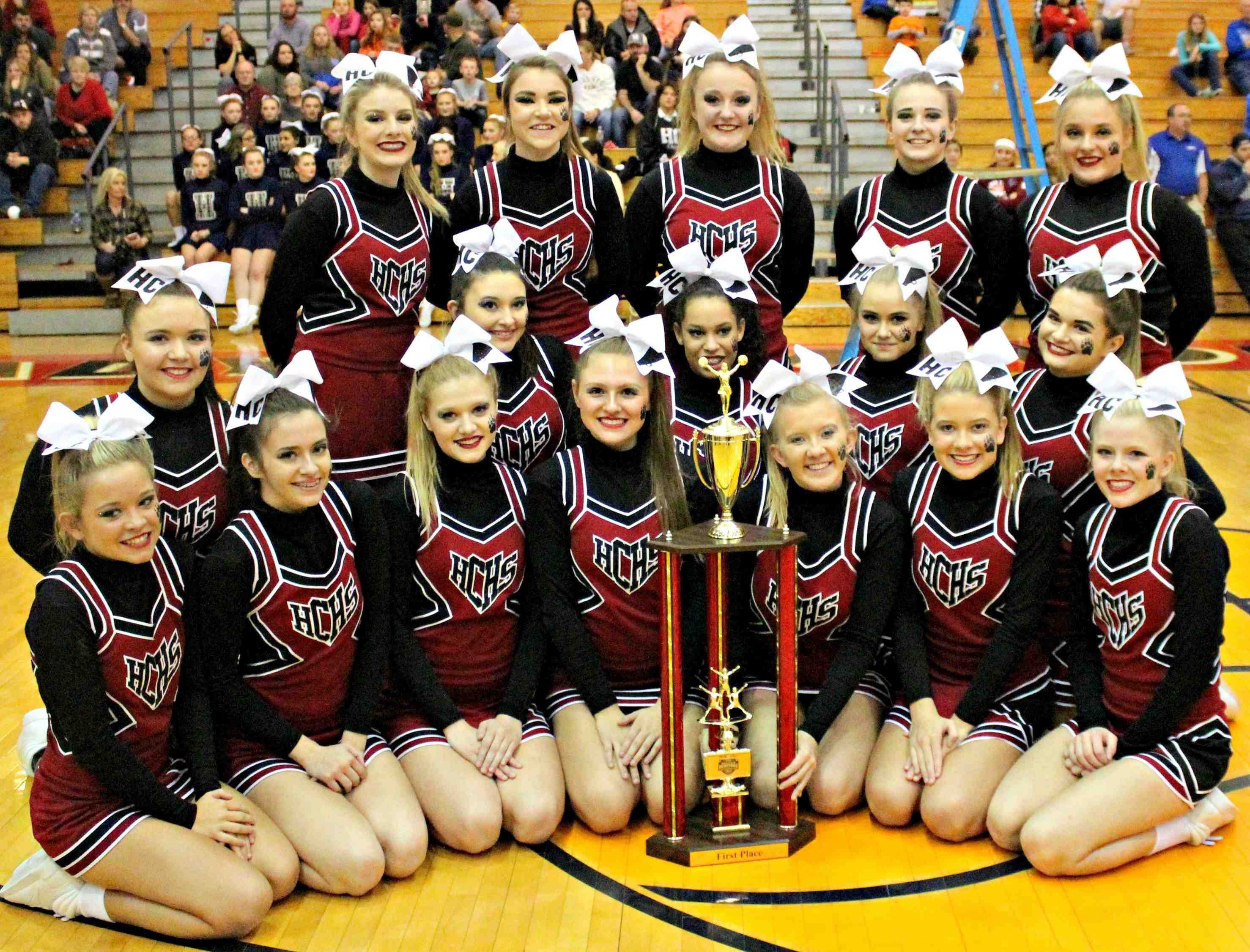 The Harlan County High School cheerleaders won the girls division at the WYMT Mountain Classic on Saturday at Perry Central. Squad members include, front left, front row: Ally Alred, Karyssa Lamb, Breanna Faulkner, Haley Boggs, Tabitha Kilgore, Rhileigh Alred and Baili Boggs; middle row: Whitney Hensley, Shawnee Cress, Keke Gist, Makayla Walters and Kerstin Perkins; back row: Madison Tolliver, Amber Goodin, Peyton Griffin, Katiera Lewis and Stacey Huff.