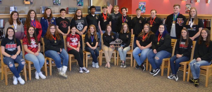 Members of the first place 52nd District Governor’s Cup team from Harlan County High School are, from left, front row: Jordan Blevins, Chelsey Caldwell, Amber Blanton, Hannah Pittman, Janice Dean, coach Alexandra Nau, Shayla Hamlin, Bridgett Craig, Kaylee Major, Breanna Epperson and Emma Pinkley. back row: Sophia Sergent, Autumn Dunaway, Kiki Dean, James Osborne, Johnny Smith, Bitty Foster, Edmund Dye, Brett Roark, Luke Parker, Jared Lewis, Cody Hall, Will Scott and Lainey Cox. Not pictured are team member Dacey Bailey and assistant coach Virginia Rice.