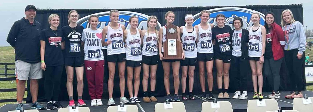 The Harlan County High School girls cross country team received the 2A state runner up trophy on Saturday. The Lady Bears finished with 102 points, placing second behind Lexington Catholic. Corbin placed third, followed by Rowan County and Bourbon County.  Team members, from left, include coach Ryan Vitatoe, Abby Vitatoe, Olivia Kelly, Taylor Clem, Lauren Lewis, Jaycee Simpson,  Charli Shepherd, Peyton Lunsford,  Gracie Roberts, Preslee Hansley, Addi Gray, Aliyah Deleon, Kiera Roberts and coaches Miranda Epperson and Baili Bailey