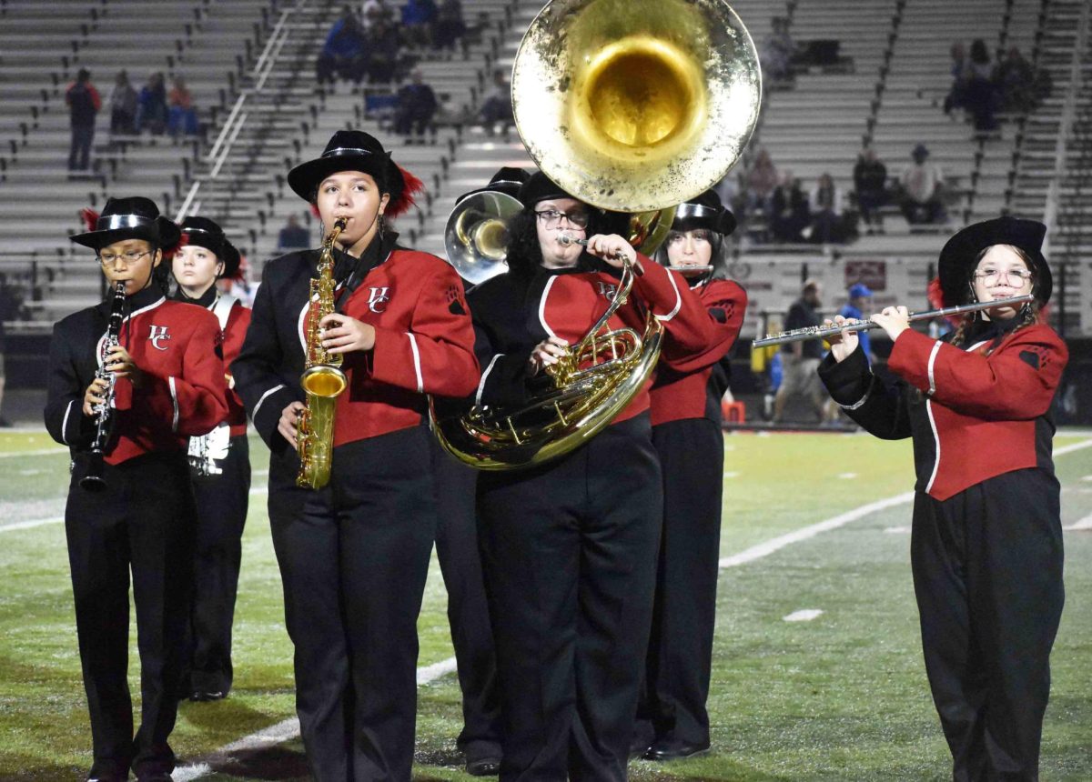 Harlan County High School band members performing during a recent game included (from left) Jasmine Major, Brianna Wilms, Logan Minntuello, and Mahayla Williams.