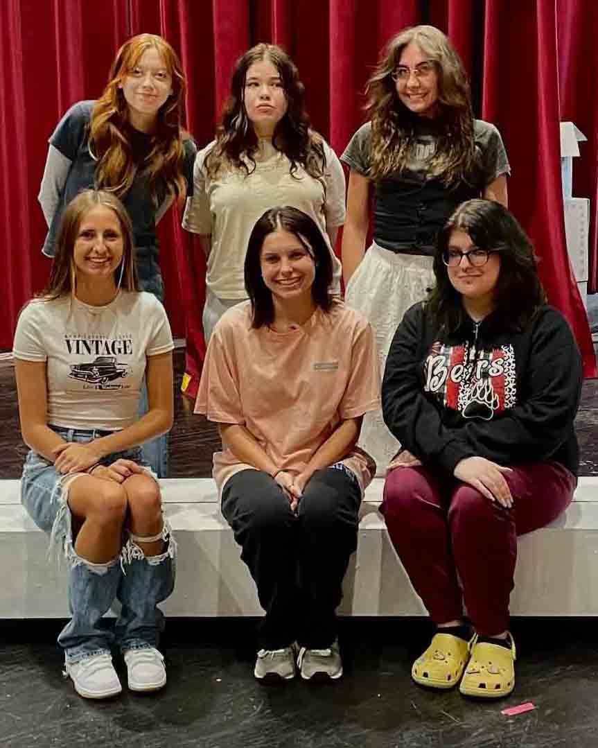 Members of the Harlan County High School in the lead roles of the play #Viral include, from left, front row: Emily Witt, Ava Fields and Caley Meadows; back row: Kylie Ward, Emilia Dunn and Alexis Moore.

